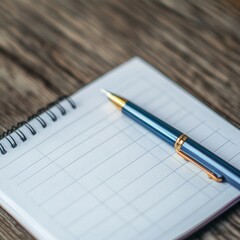 A dark blue pen rests on a blank spiral notebook atop a rustic wooden surface