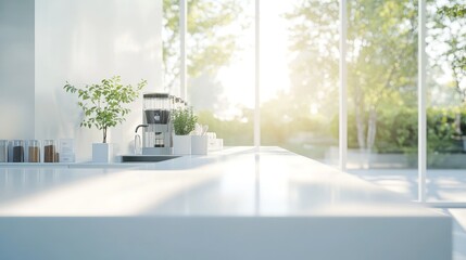Sunlit minimalist kitchen counter with espresso machine and plants