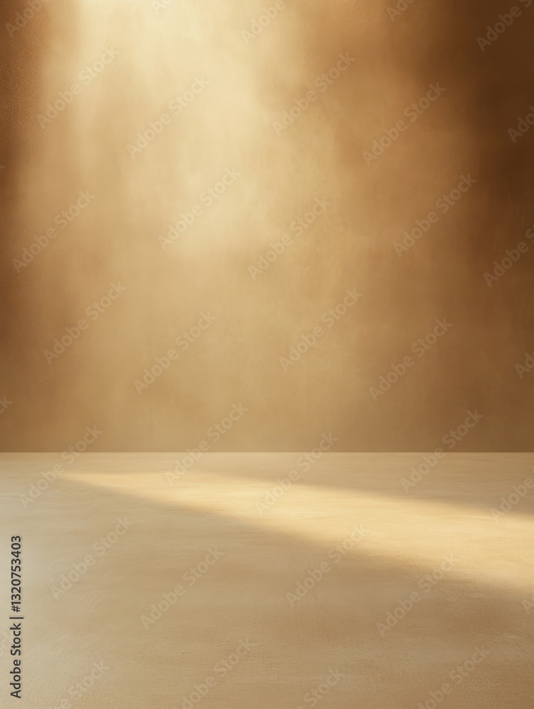 Poster warm beige abstract studio background with light ray falling on seamless floor creating depth