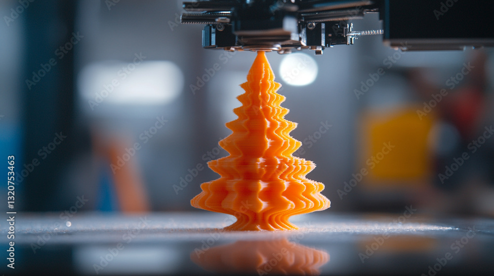 Poster orange 3d printed christmas tree model additive manufacturing process layer design object future