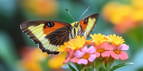 Colorful butterfly perched on vibrant flowers in a lush garden during a sunny afternoon