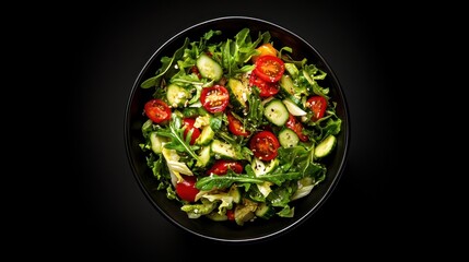 Vibrant salad with cherry tomatoes, cucumber, zucchini, and arugula in a dark bowl