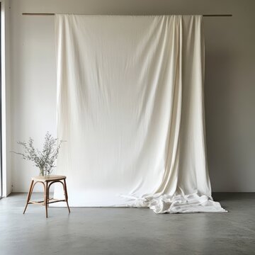 Serene studio scene featuring a draped fabric backdrop, a stool adorned with flowers, bathed in natural light