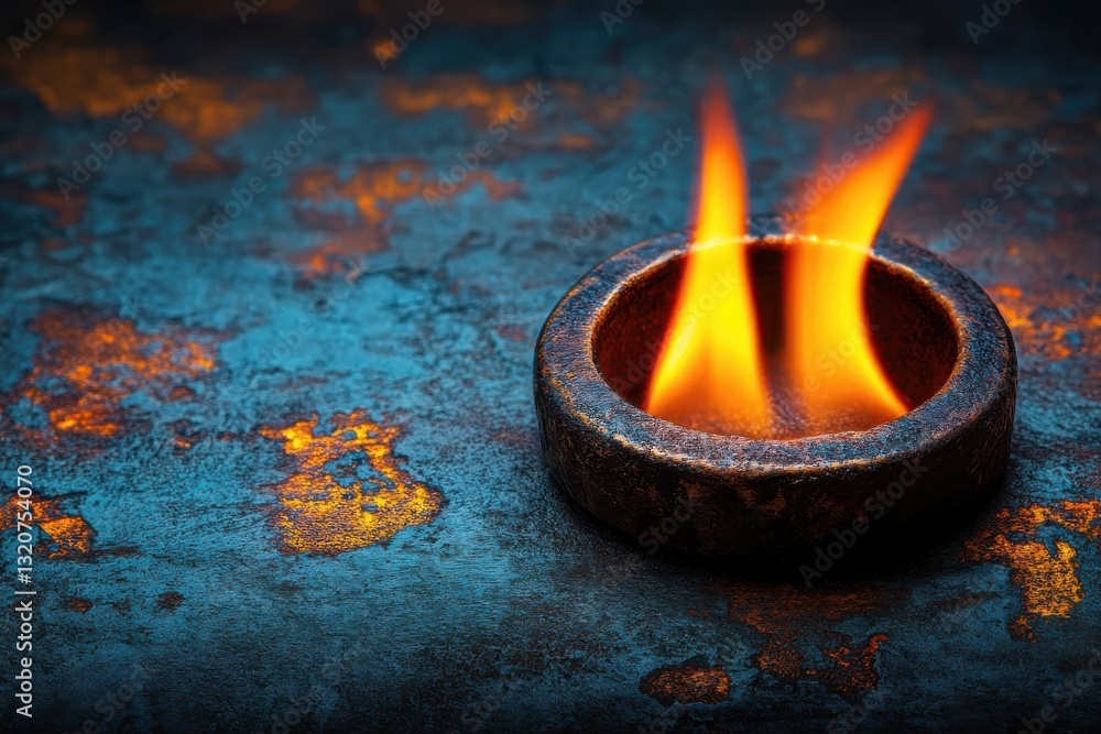 Poster flames flicker in a rustic bowl resting on a textured metallic surface during twilight hours