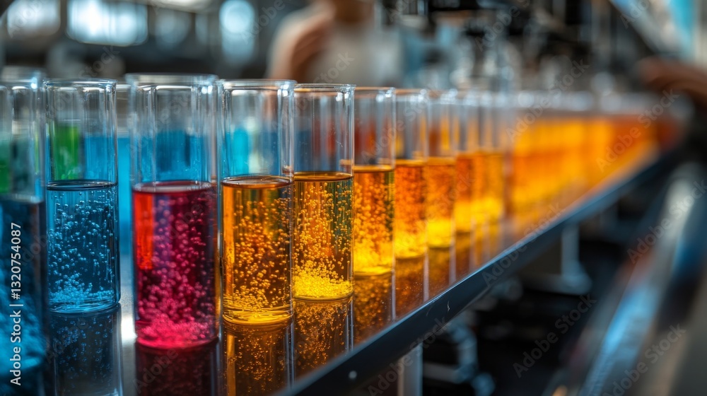 Aufkleber vibrant solutions in glass containers line a factory workbench, demonstrating chemical synthesis. wo