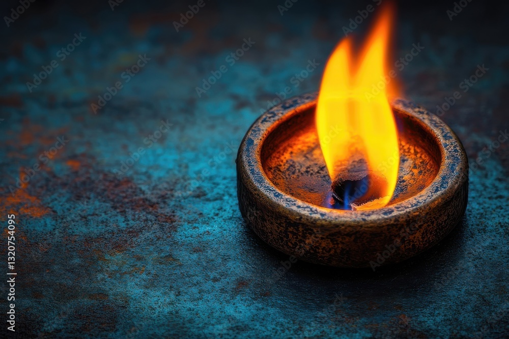 Poster flame dances in a rustic holder casting warm light on a textured surface while creating a serene atm