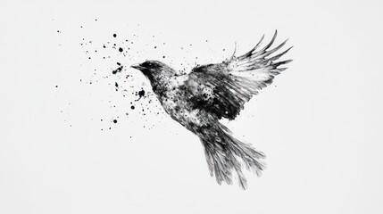 Fototapeta premium Monochrome bird in flight, ink splatters, artistic expression