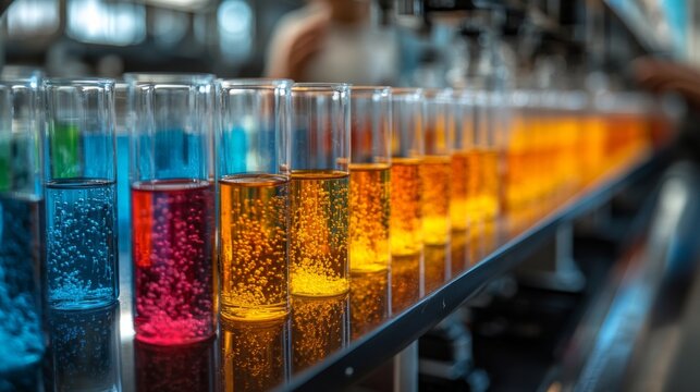 Vibrant solutions in glass containers line a factory workbench, demonstrating chemical synthesis. Workers engage in automated processing, highlighting industry innovation.