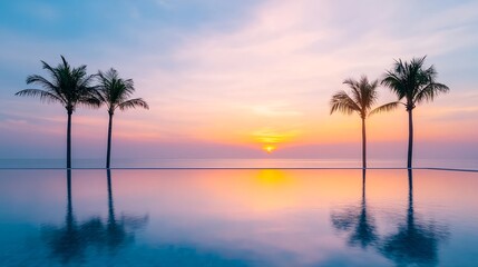 Obraz premium Serene Sunset Palm Trees Pool Reflection - Minimalism