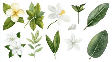 Obraz premium Watercolor tropical flowers and leaves collection