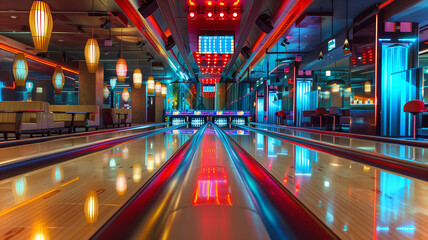 This Bowling enthusiasts enjoy a lively evening filled with fun and excitement in a colorful setting.