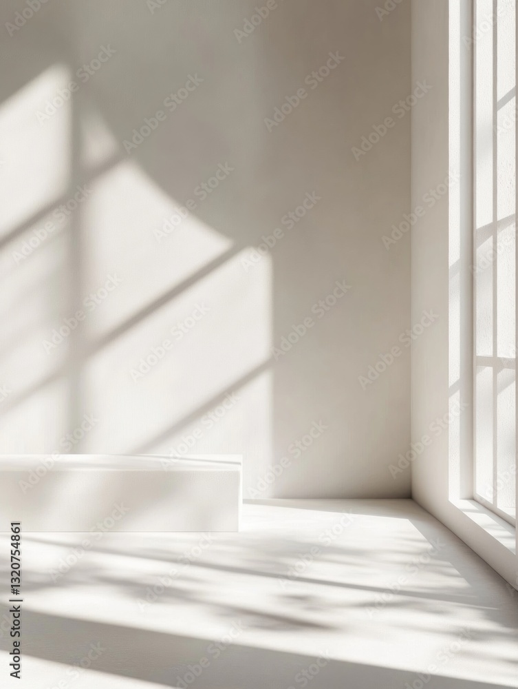 Poster light filled room casting intricate shadow patterns creating depth in minimalistic architectural bac