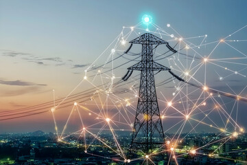 Eco-friendly smart grid visualized with a power tower and network connections in a cityscape.