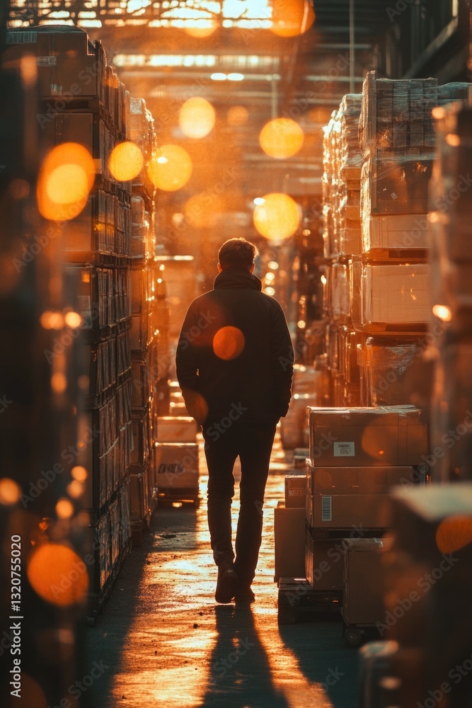 Poster A person navigating through a large industrial space filled with crates and boxes, searching for something or just exploring