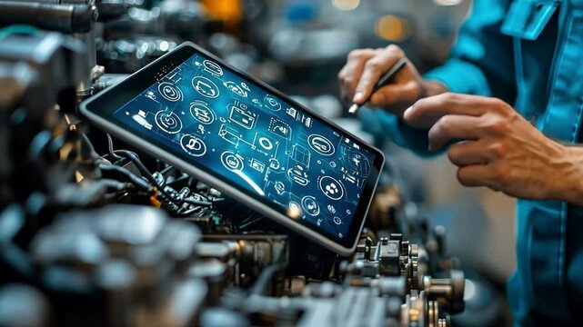 Digital Control in Factory: A skilled technician uses a tablet to monitor and manage complex machinery in a modern factory setting, showcasing technology integration and precision in industry.