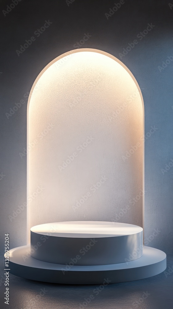 Poster modern illuminated display stand product showcase with elegant arch background and soft lighting stu