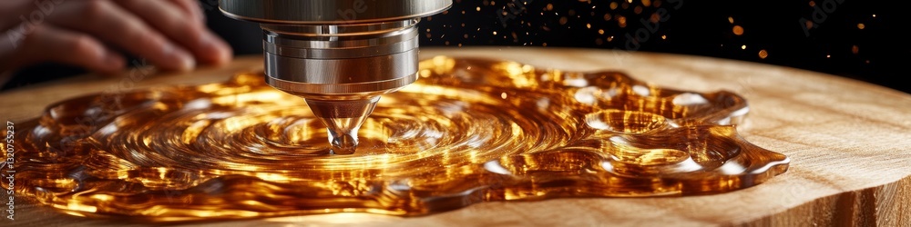 Poster cnc router precision creating intricate designs on wood with sparks and liquid gold effect