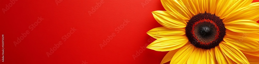 Poster Close-up of a Vibrant Sunflower on a Bold Red Background with Ample Copy Space for Text