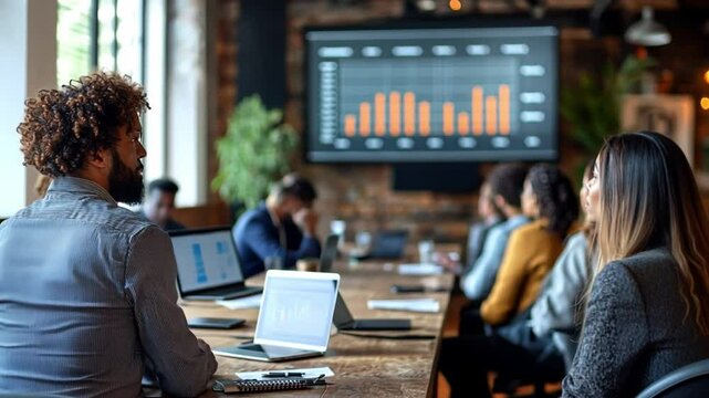 Business Presentation: A diverse group of business professionals attentively watch a presentation displayed on a large screen. They are seated around a conference table.