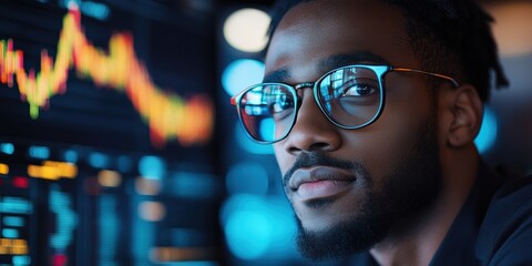 Young professional analyzing financial data on a digital interface with colorful graphs in a modern office environment during the evening