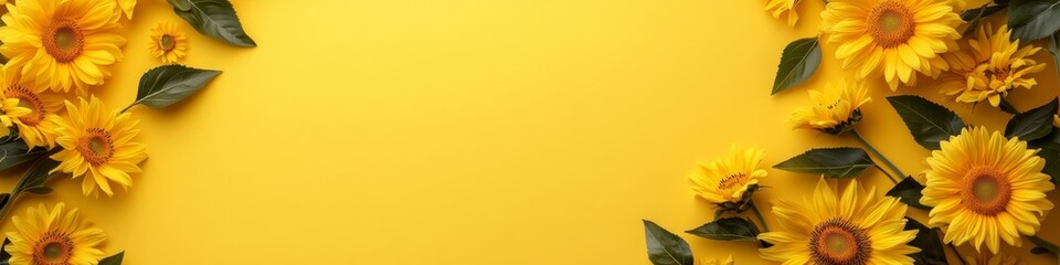 Obraz premium Bright Yellow Sunflowers Top View Frame On A Bright Yellow Background With Copy Space.