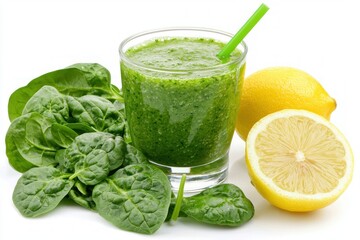Fototapeta premium Refreshing Green Smoothie with Fresh Spinach and Lemon on a White Surface Vibrant Natural