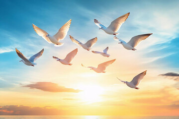 Flock of birds fly in a perfect v formation during sunset over the ocean in a blue and orange sky