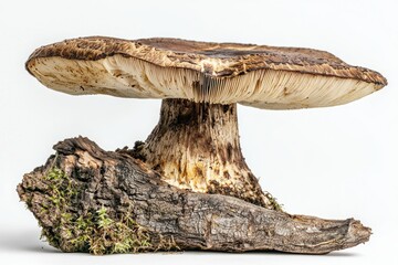 Elegant brown mushroom growing on mossy log on a plain white background in natural light and artistic style