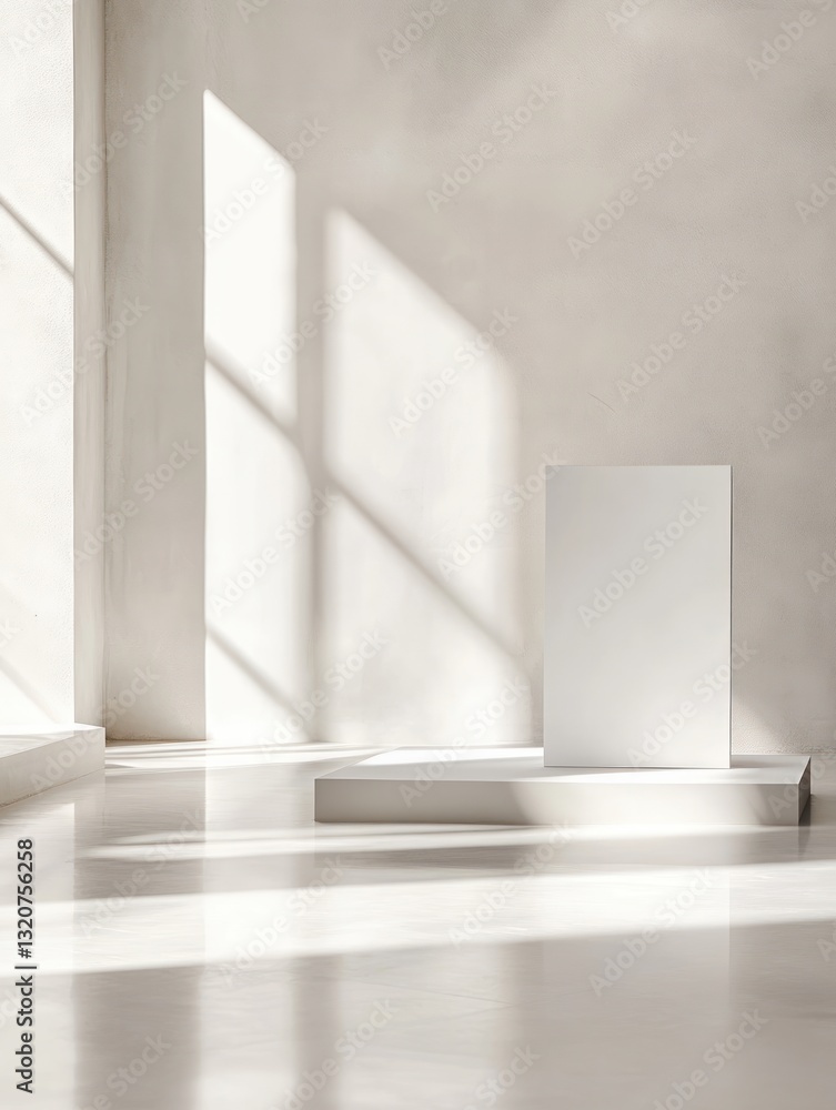 Poster clean minimalist studio with sunlit white walls and modern display stand casting dynamic shadows