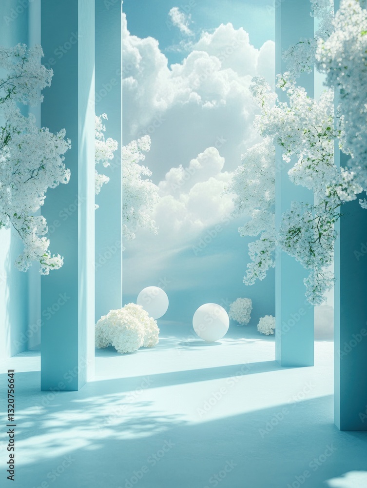Poster serene azure scene with flowering trees spheres and sky creating a dreamy peaceful and light atmosph