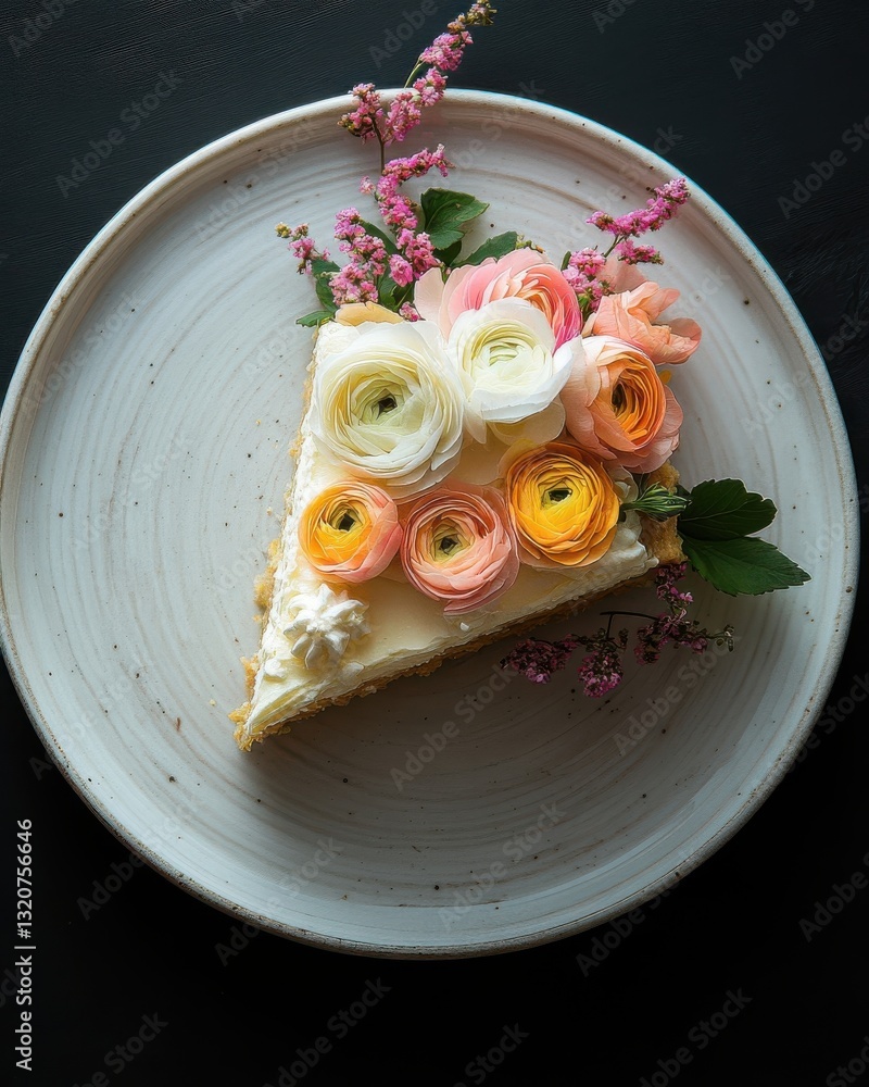 Poster slice of cake adorned with colorful edible flowers on a rustic plate in a cozy setting