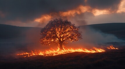 A tree set ablaze in a peaceful countryside setting, with rolling hills in the background 