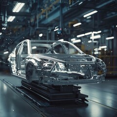 Obraz premium Automobile production line with a car frame in an advanced factory. Industrial automation, vehicle assembly, modern manufacturing, robotic precision, automotive industry. Generative AI.