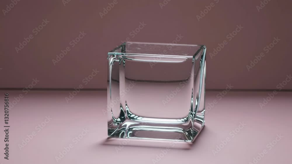 Poster Glass cube rotating elegantly under soft light in minimalist setting