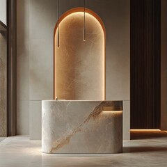 Elegant lobby interior of modern office with natural stone reception desk and arched illumination