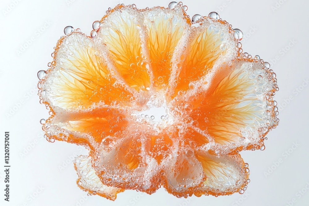 Poster tangerine slice submerged in water surrounded by bubbles creating a refreshing visual with delicate 