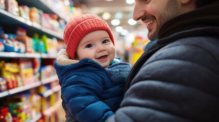 Fototapeta premium Father holds smiling baby in grocery store aisle filled with products