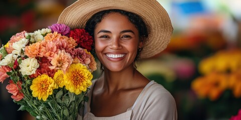 Joyful woman holds vibrant flower bouquet at a bustling market in midday sunlight, showcasing her radiant smile and love for nature