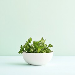 Fototapeta premium Parsley Bunch in a White Bowl Fresh Green Herbs on Pastel Background Neutral Color Food Flatlay