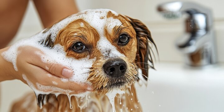 Dog enjoying a bubble bath while being washed with care at home during a relaxing afternoon