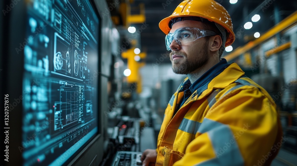 Aufkleber in a large industrial facility, an engineer in protective gear focuses on advanced machinery. screen