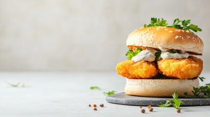 Delicious fish burger with creamy sauce and fresh green parsley on a stone plate creative food styling