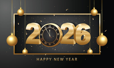 Happy new year 2026. 3d gold numbers with golden Christmas decoration and confetti on dark  background. Holiday greeting card design.