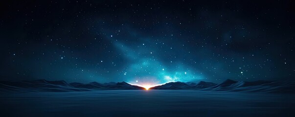 Dark sky concept. A serene twilight landscape showcasing a starry sky and distant mountain silhouettes.