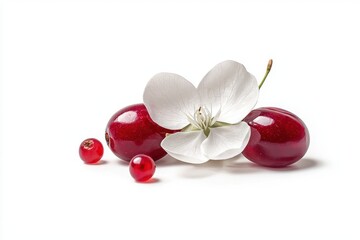 Sweet cherries pairing with gentle white flower on the clear background fresh fruit aesthetic composition