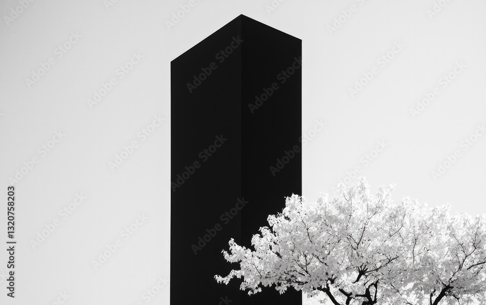 Poster monochrome minimalist scene of a dark structure and blooming tree