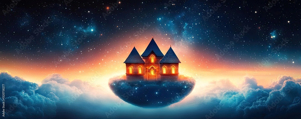 Poster dark sky concept. a surreal floating house in a starry sky surrounded by glowing clouds at dusk.