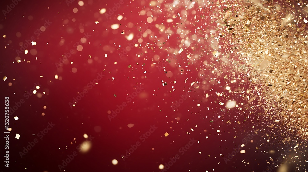 Poster sparkling golden particles on a rich red background create a festive atmosphere.