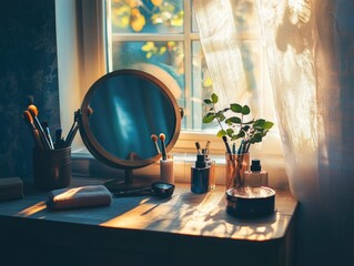 A table setup with multiple mirrors and makeup brushes, ideal for beauty tutorials or product demos