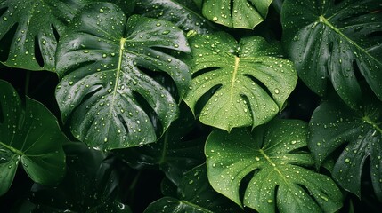 Fototapeta premium Nature photography close-up of lush leaves in rainy forest